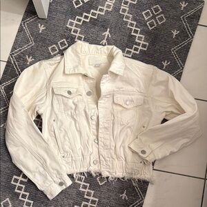 Blank NYC White Denim Ruched Hem Bomber Jacket Distressed Cropped